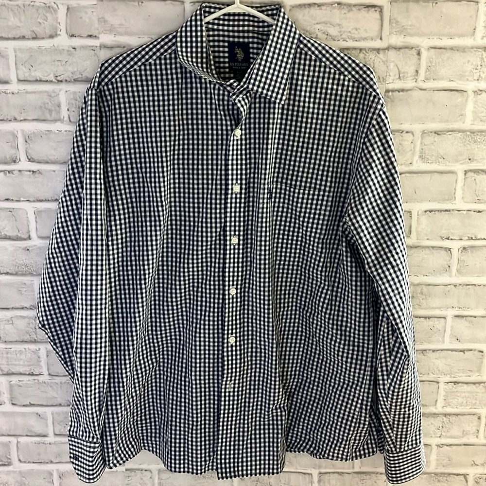 US polo men’s long sleeve plaid shirt wrinkle free 16.5 neck navy blue, white